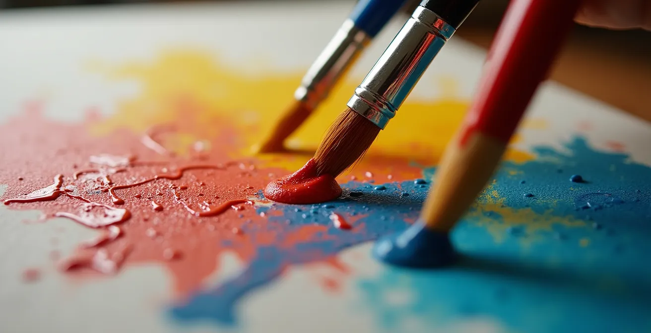 Vue macro de pinceaux colorés créant des motifs abstraits sur toile