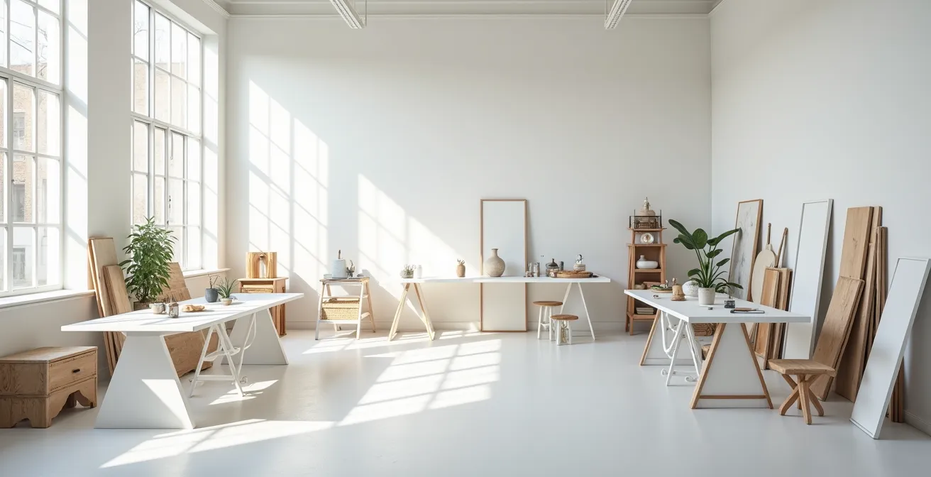 Atelier d'art lumineux avec outils créatifs disposés harmonieusement