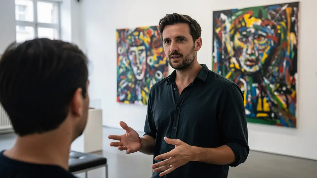 Artiste plasticien expliquant sa démarche artistique à un visiteur dans une galerie d'art contemporain