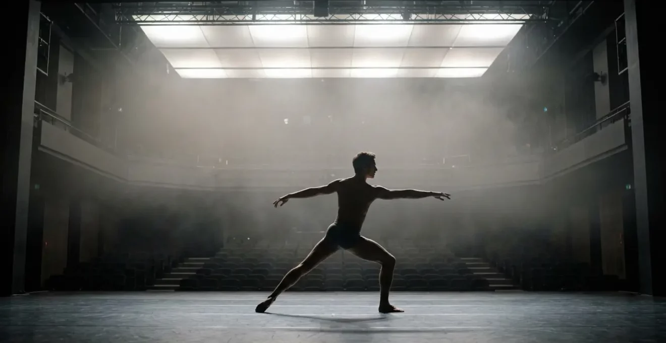 Performeur Compagnie Candela en extension sur scène de théâtre contemporain