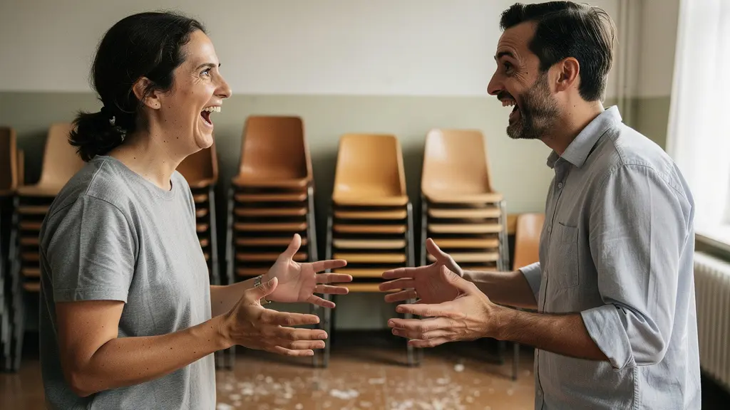 Deux personnes face à face en exercice d'improvisation théâtrale