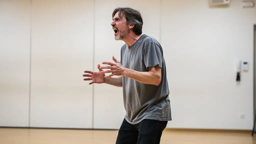 Adulte en expression théâtrale spontanée lors d'un exercice créatif en studio