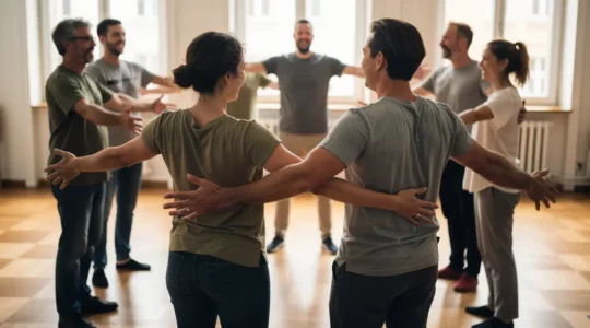 Groupe d'adultes en exercice théâtral collectif dans un espace de répétition lumineux