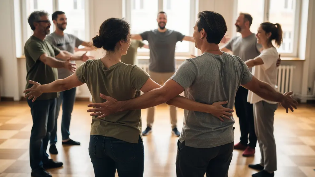 Groupe d'adultes en exercice théâtral collectif dans un espace de répétition lumineux